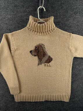 Lauren Ralph Lauren Hand Knit Dog Intarsia Turtleneck Sweater Thick Knit S/M